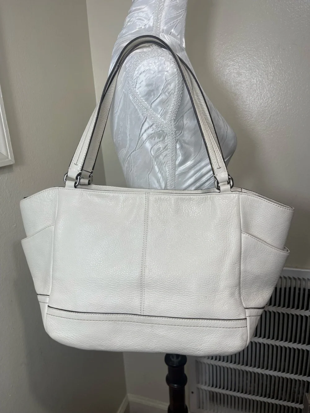 Coach White pebbled shoulder Leather Tote with Tan Accent Charm